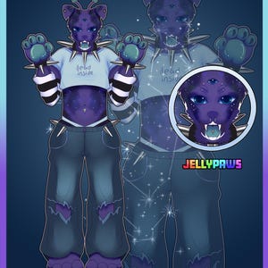 May include: Digital illustration of a purple canine-like character with a spiked collar and cuffs, wearing a white crop top with "dead inside" text and blue jeans. The character has three eyes and a galaxy-themed design. The image includes a circular inset of the character's face and the text "JELLYPAWS".