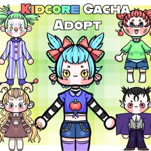 May include: Illustration featuring six cartoon characters in the Kidcore Gacha style. The characters have unique hairstyles, outfits, and facial expressions. The text "KIDCORE GACHA ADOPT" is displayed at the top of the image.