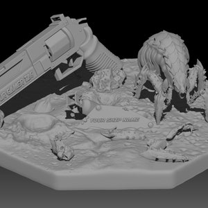 May include: A 3D printed model of a sci-fi creature with a large, segmented body and multiple legs. The creature is standing on a hexagonal base with a gun lying next to it. The base has the text "YOUR SHIP NAME" printed on it. The gun has the text "YOUR GAMER TAG" printed on it.