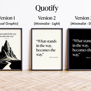 May include: Three versions of a motivational quote by Marcus Aurelius: "What stands in the way, becomes the way." The first version features a graphic of a mountain and a winding path. The second version is minimalist and light, with white text on a cream background. The third version is minimalist and dark, with white text on a black background.