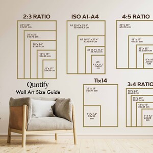 May include: A wall art size guide with different aspect ratios and measurements in inches and centimeters. The guide includes 2:3, 4:5, 3:4, and 11x14 ratios. The guide also includes ISO A1-A4 sizes.