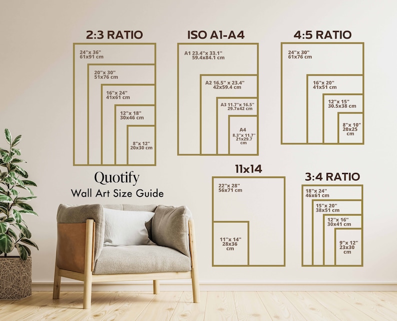 May include: A wall art size guide with different aspect ratios and measurements in inches and centimeters. The guide includes 2:3, 4:5, 3:4, and 11x14 ratios. The guide also includes ISO A1-A4 sizes.
