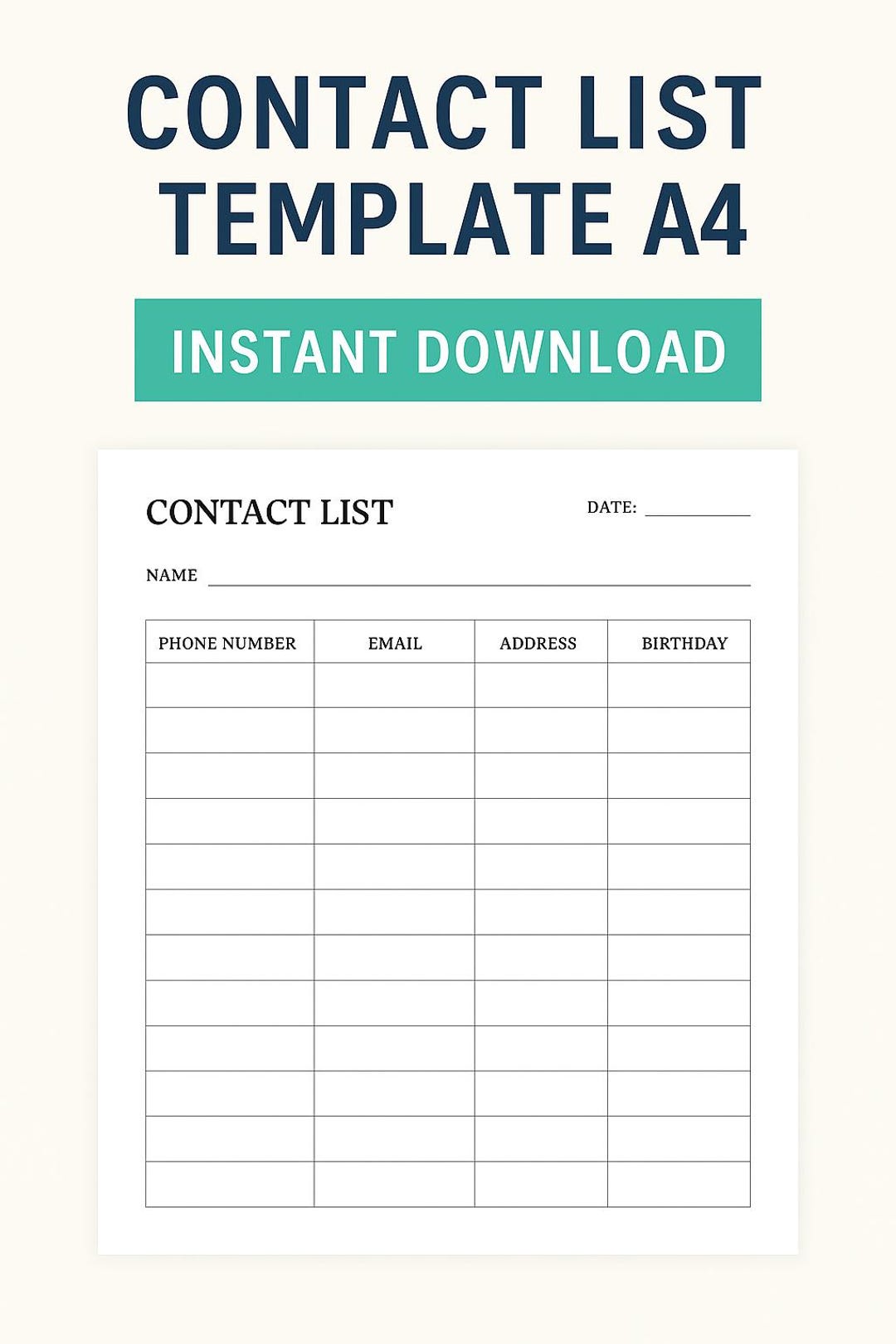 Printable Contact List Template A4 | Instant Download PDF | Address ...