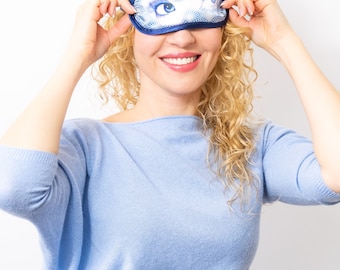 Handgemaakt slaapmasker, Blauwe ogen, Zijden print slaapmasker, Slaapmasker voor op reis, Slaapmasker van slapeloosheid, Slaapmasker voor vrouwen