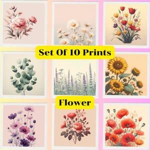 Floral Digital Print,Set Of 10 Print,Wildflower Watercolor Art Print ,Digital Download Floral Decor