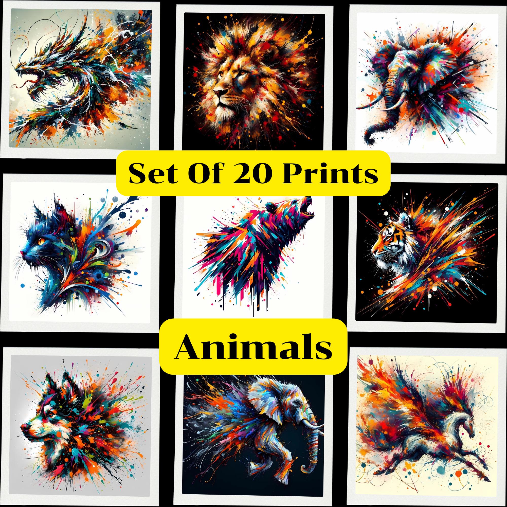 カラフルなスプラッターペイントの動物アート 20 種類のユニークな