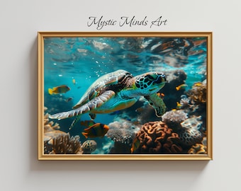 Printable Sea Turtle Art: Beautiful sea turtle swimming among colorful fish and vibrant coral reefs. Printable Digital Art-Instant Download