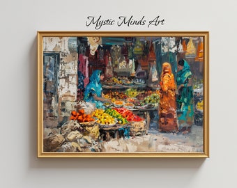 Vibrant Bazaar: Colors of India. Stunning oil painting of Indian street market. Rich textures & vivid hues. PRINTABLE DIGITAL ART -158