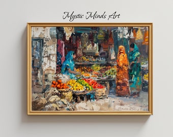 Vibrant Bazaar: Colors of India. Stunning oil painting of Indian street market. Rich textures & vivid hues. Wall art. PRINTABLE DIGITAL ART