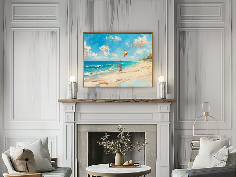Printable Oil Painting of a Child Flying Kite on the Beach. Sunny Beach ...