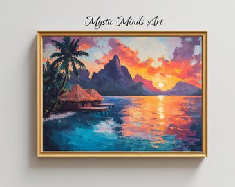 Könnte beinhalten: Gerahmtes Gemälde eines tropischen Sonnenuntergangs über dem Meer. Das Kunstwerk zeigt eine lebendige Farbpalette aus Orange, Rosa und Blau, mit Palmen, Hütten und Bergen. Der Text "Mystic Minds Art" befindet sich oben in der Mitte.