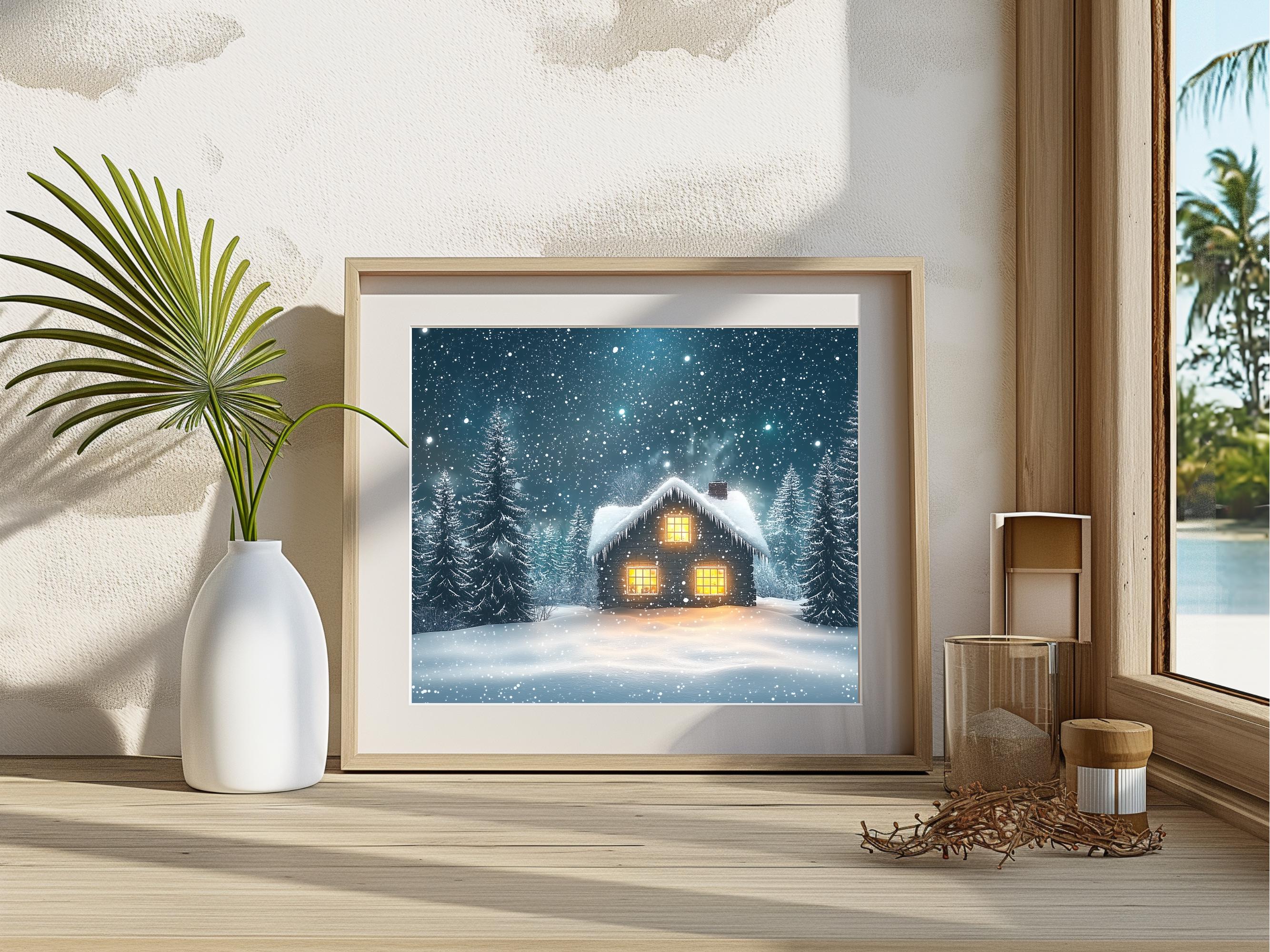 Cozy Snowy Cottage Printable Digital Art, Winter Cabin Wall Decor ...