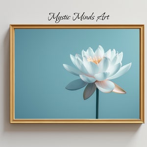 May include: A framed print of a white water lily flower with a light blue background. The flower is in focus and the background is blurred.