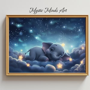 Sueño de ensueño: bebé elefante en un cielo estrellado. El adorable bebé elefante duerme entre estrellas titilantes. / ARTE DIGITAL IMPRIMIBLE