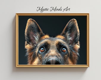 Retrato de pastor alemán imprimible: primer plano fotorrealista de un perro pastor alemán. Alto detalle. Arte digital imprimible-Descarga instantánea