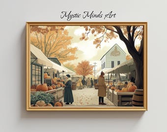 Autumn Market Stroll - Printable Art. Vintage-style autumn market scene, perfect for fall decor. Cozy, nostalgic printable. Instant download