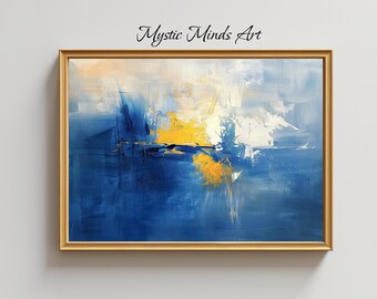 Pintura abstracta imprimible de Moody Blues y Sunshine: azul y amarillo abstracto, contraste, minimalista. Arte digital imprimible-Descarga instantánea