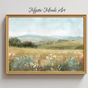 Tranquil Meadows: Vintage-inspired digital artwork. Muted landscape, rolling hills and wildflowers. Rustic home decor. PRINTABLE DIGITAL ART