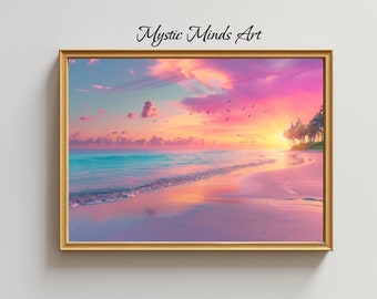 Druckbare Fantasy Strandlandschaft bei Sonnenuntergang: Atemberaubender Strand mit Palmen beschwingter rosa Sonnenuntergang Himmel.  Druckbare Digitale Kunst - Sofortiger Download 282