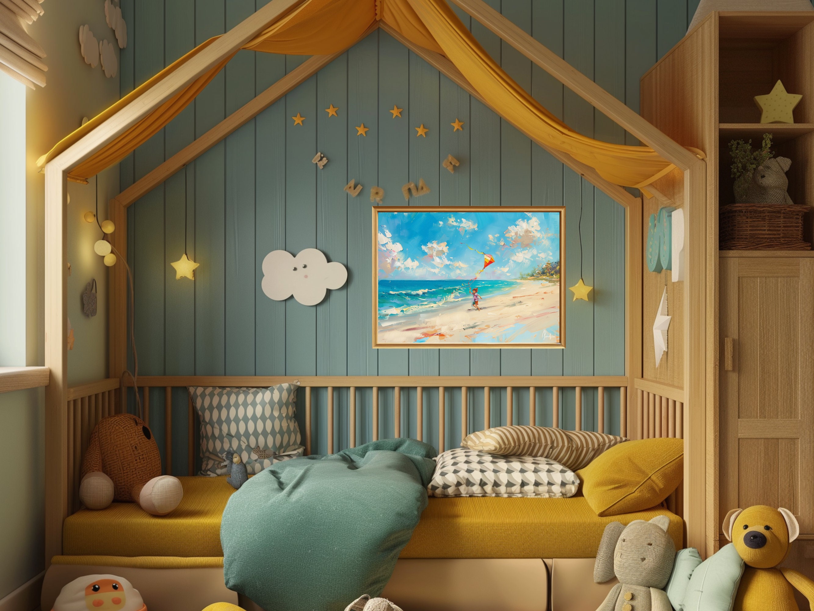 Printable Oil Painting of a Child Flying Kite on the Beach. Sunny Beach ...