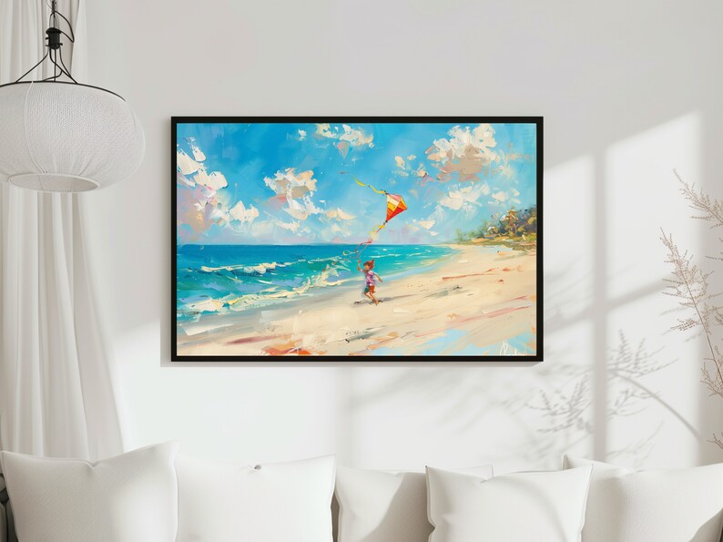Printable Oil Painting of a Child Flying Kite on the Beach. Sunny Beach ...