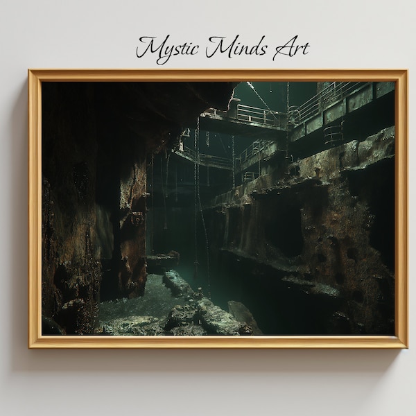 Sunken Solitude: Dive into mystery with AI digital art - abandoned ship in eerie underwater scene. Perfect for lovers of intrigue!