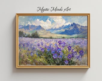 Printable Oil Painting of Purple Irises. Stunning purple and blue irises with majestic mountains. Digital Art - Instant Download -241
