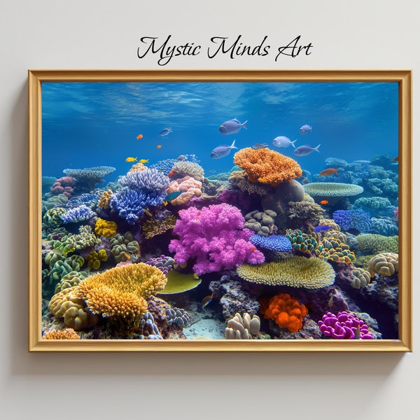 Underwater Symphony: Explore the mesmerizing beauty of underwater life with this vibrant coral reef digital art. Perfect for ocean lovers.