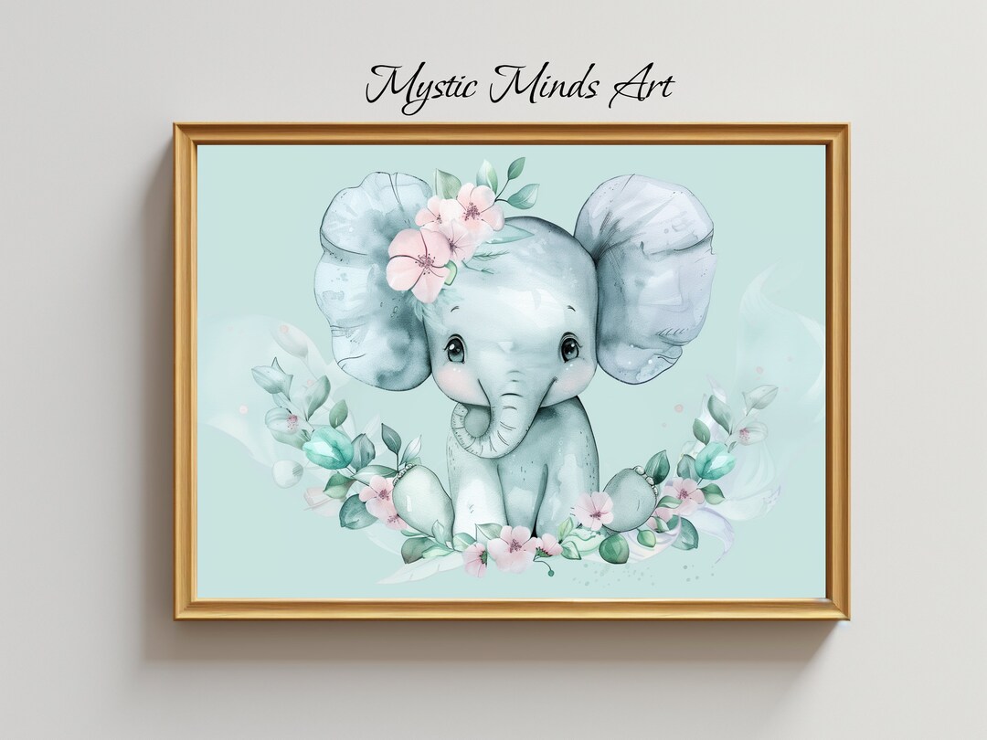 Printable Baby Elephant Mint Green: Adorable Baby Elephant With Flowers ...