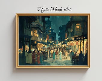 Vintage Kerala Street Scene - Printable Digital Art, Impressionist Indian Urban Life, Nostalgic Lanterns & Nightlife, Soft Brushstrokes -356