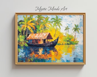 Printable Digital Art, Kerala Houseboat, Palette Knife Oil Painting, Impressionist Wall Art, Indian Architecture, Palm Trees -352
