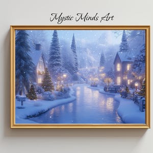 Serene Winter Wonderland Scene with Snow, Printable Digital Art, Christmas Village Wall Art, Instant Holiday Decor Download, Transform Space