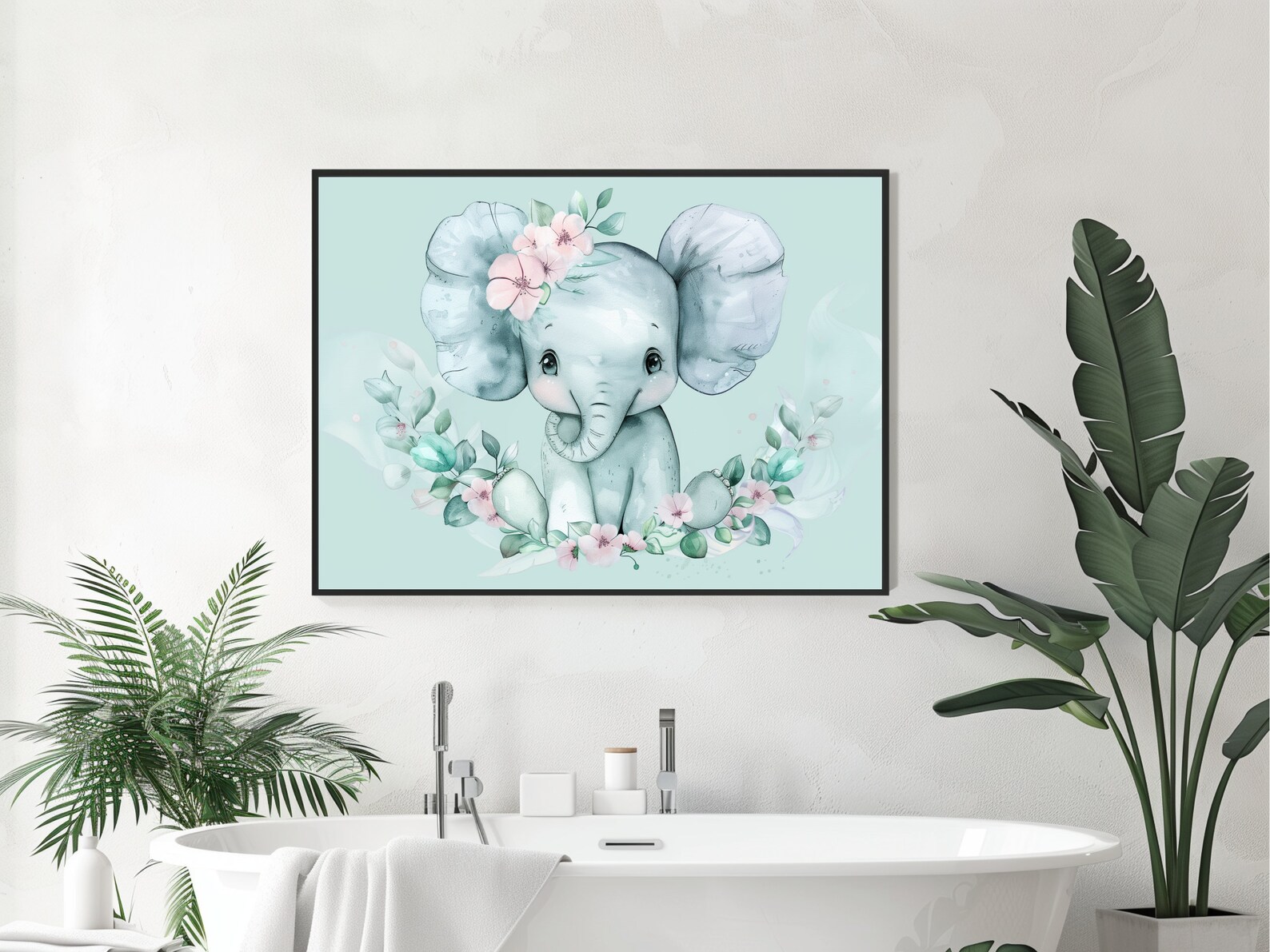 Printable Baby Elephant Mint Green: Adorable Baby Elephant With Flowers ...