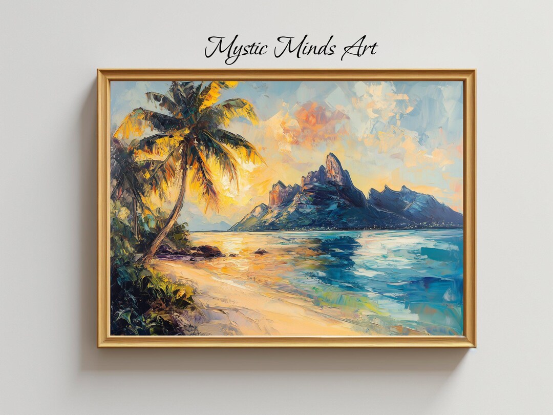 Tropical Sunset Beach Oil Painting | Vibrant Coastal Wall Art Print ...