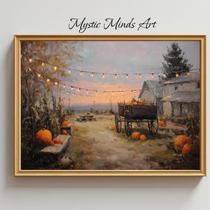 May include: A framed painting depicts a fall scene with pumpkins, a wooden cart, and a farmhouse under a sunset sky. The artwork includes string lights and the text "Mystic Minds Art".