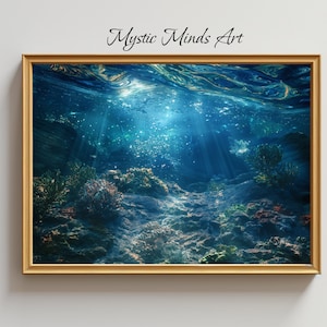 an underwater scene with coral reefs and sunbeams filtering through the water, creating an enchanting atmosphere. The background features swirling patterns of light on dark blue tones, adding depth to the composition.