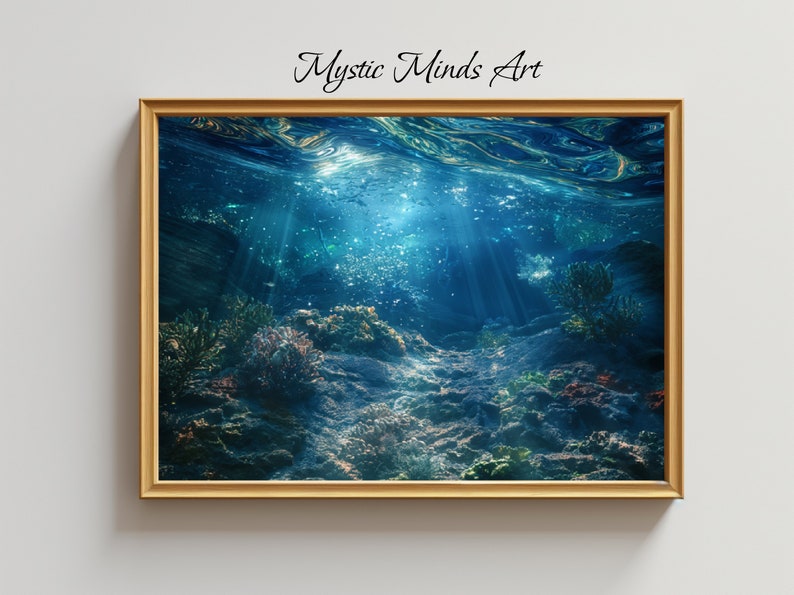 an underwater scene with coral reefs and sunbeams filtering through the water, creating an enchanting atmosphere. The background features swirling patterns of light on dark blue tones, adding depth to the composition.
