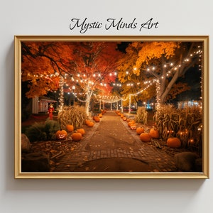Puede incluir: Un camino de ladrillos bordeado de calabazas iluminadas y luces de cadena parpadeantes conduce a través de una escena de follaje otoñal. Los árboles están en llamas con hojas naranjas y amarillas, creando un ambiente festivo.