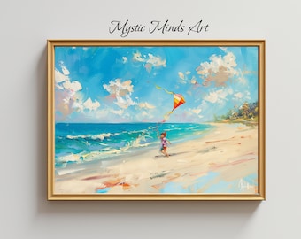 Druckbare Öl Malerei eines Kindes Drachen steigen lassen am Strand. Sonnige Strandszene, die Sommervibes einfängt. Digitale Kunst - Sofortiger Download - 243