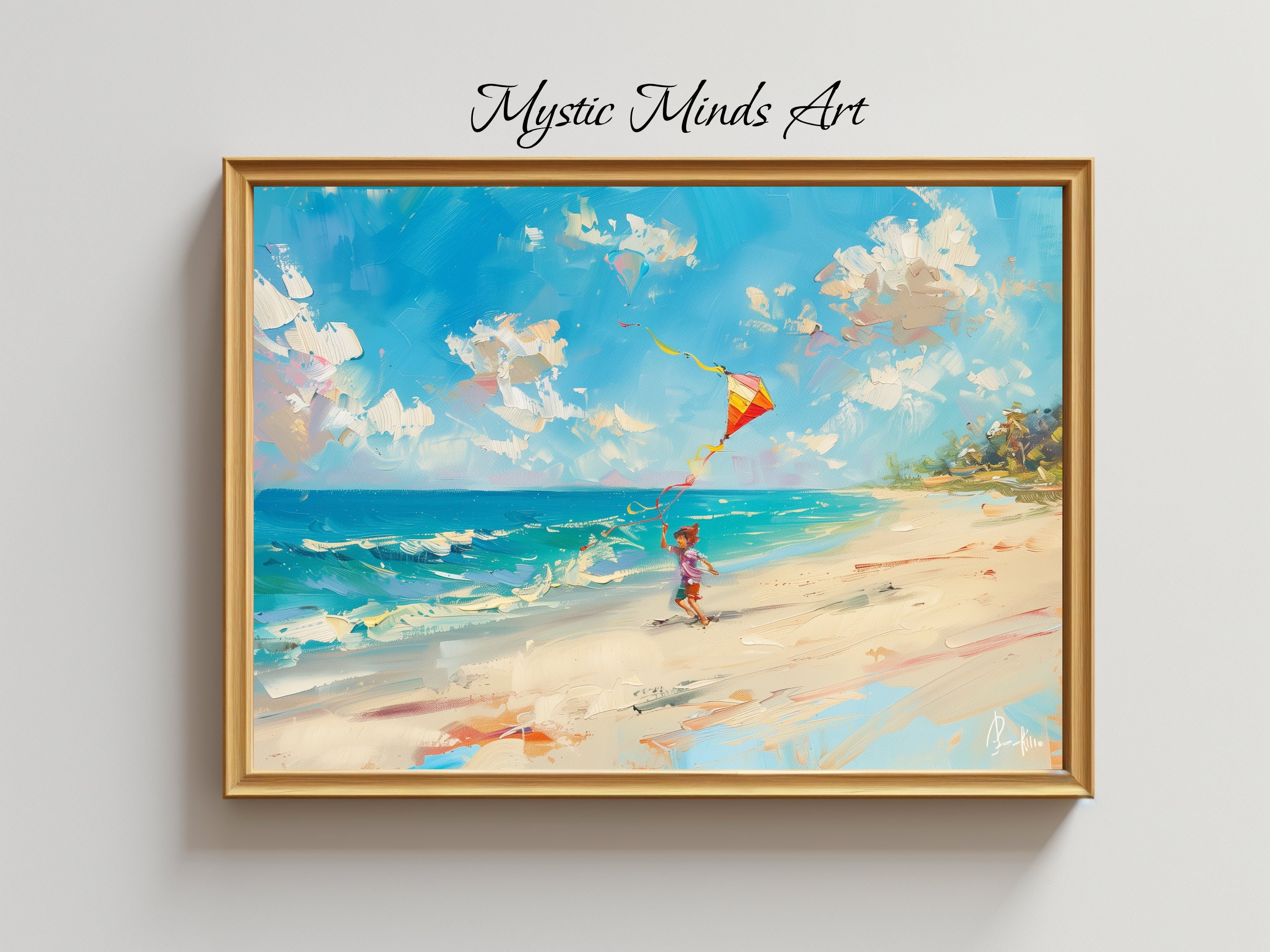 Printable Oil Painting of a Child Flying Kite on the Beach. Sunny Beach ...