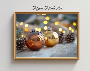 May include: Two Christmas ornaments, one gold and one brown, with a blurred background of lights and pine cones.