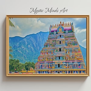 Puede incluir: Un templo hindú colorido con un techo de varios niveles, situado en un fondo de exuberantes montañas verdes. El templo está adornado con intrincados tallados y estatuas, y el cielo es de un azul vibrante.