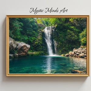 May include: A framed photograph of a waterfall cascading into a clear blue pool surrounded by lush green foliage.