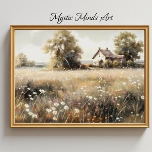 May include: A framed painting of a white farmhouse in a field of wildflowers. The farmhouse is surrounded by trees and the sky is a soft blue. The painting is in a gold frame.
