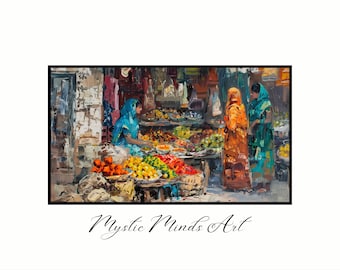 Descarga digital de Samsung Frame TV, Bazar vibrante, Colores de la India, Impresionante pintura al óleo, Mercado callejero indio, Texturas intensas y tonos vivos.