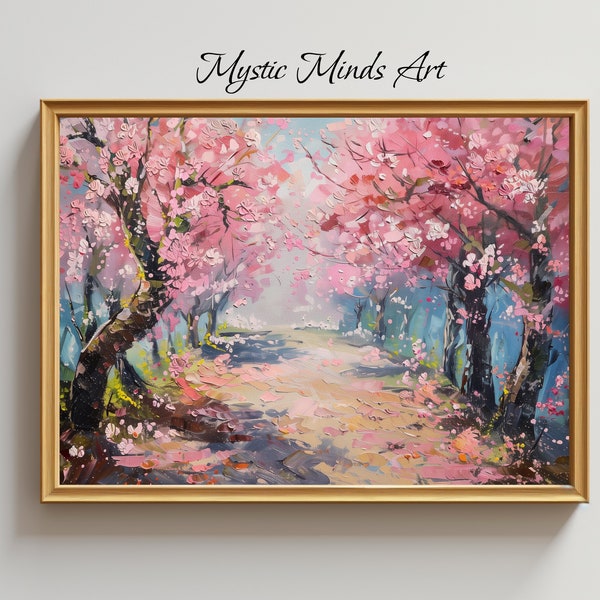 Blossom Dreams: Printable Impasto Cherry Blossom Path. Capture the beauty of cherry blossoms with this printable art.  PRINTABLE DIGITAL ART