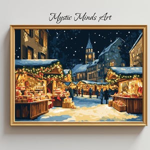May include: A painting of a winter night scene with a Christmas market. The market is lit up with twinkling lights and decorated with garlands. There are wooden stalls selling various goods. In the background, a tall building with a clock tower is visible. The sky is dark blue with white stars.