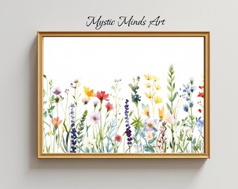 May include: A watercolour painting of a field of wildflowers in various shades of pink, purple, yellow, orange, and blue. The flowers are arranged in a row across the bottom of the image, with a white background.