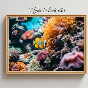 Marine Symphony: Anemone&#39;s Dance. Vibrant underwater digital art. Anemones & clown fish on a coral reef. Reef art. PRINTABLE DIGITAL ART