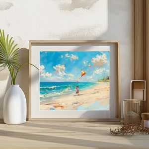 Printable Oil Painting of a Child Flying Kite on the Beach. Sunny Beach ...